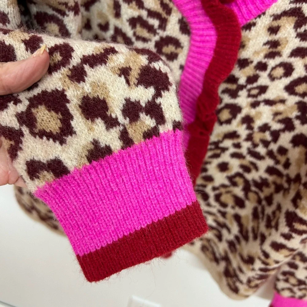 NWT. Impressions Beige Leopard Cardigan with Hot Pink & Burgundy Trim Size M